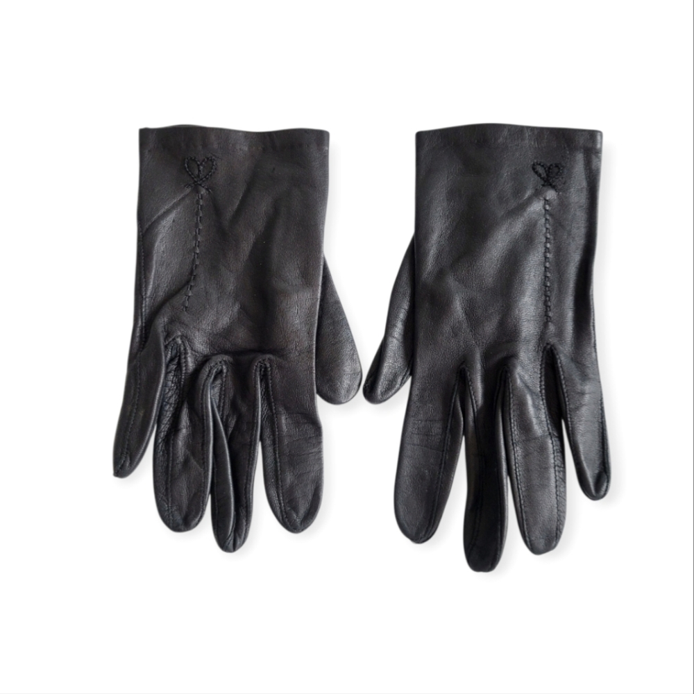 Vintage Black Leather Women's Gloves With Stitching Detail 6 1/2